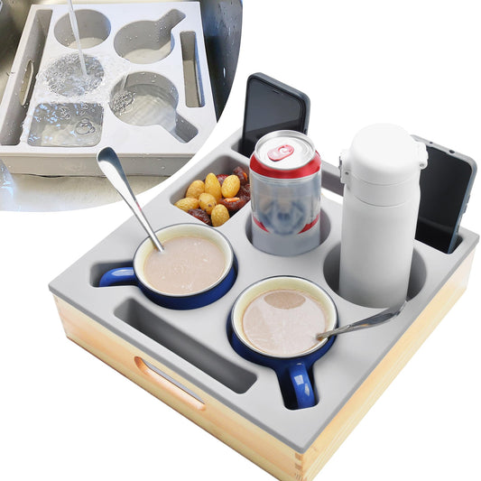 KindGa Couch Cup Holder, Waterproof Anti-Spill Couch Drink Holder for Snacks Beverage Remote, Food Grade Silicone Wooden Couch C
